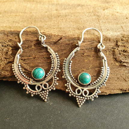 Mini Boho Hoops Turquoise Silver Earrings / Triangle / Mandala / Ethnic / Rustic / Yoga / Hippie / Gypsy / Psy / Bohemian / Festival