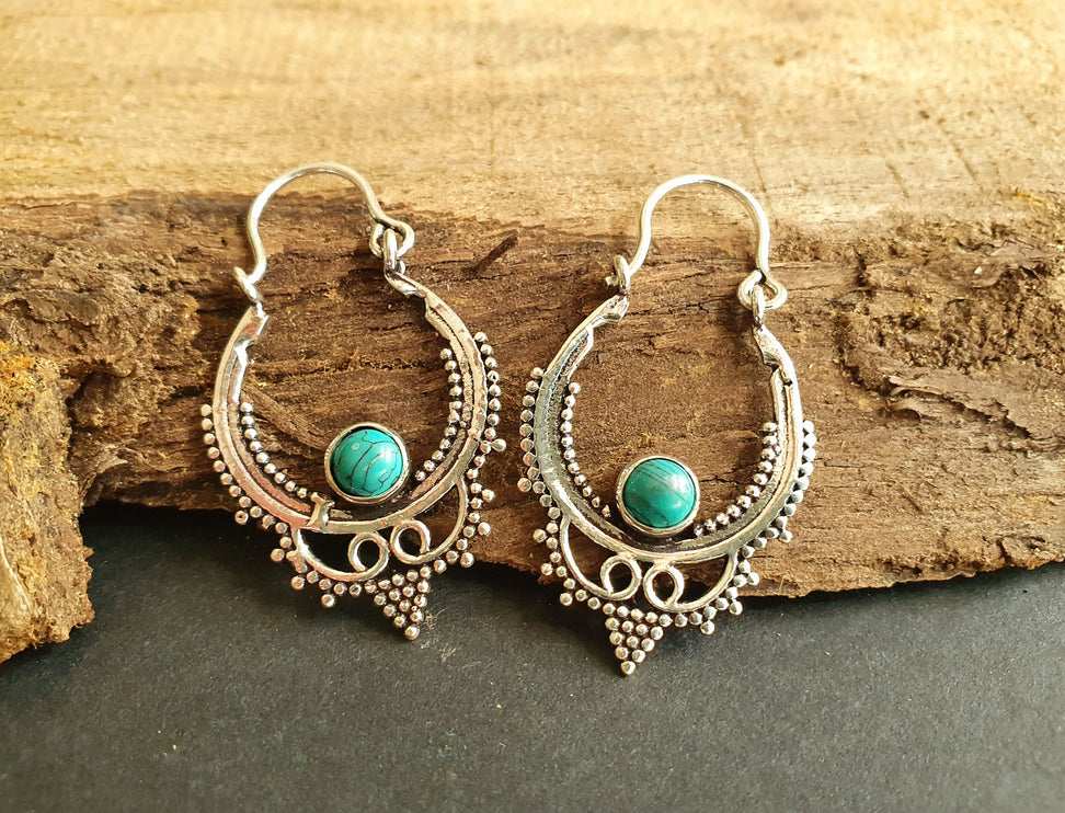 Mini Boho Hoops Turquoise Silver Earrings / Triangle / Mandala / Ethnic / Rustic / Yoga / Hippie / Gypsy / Psy / Bohemian / Festival