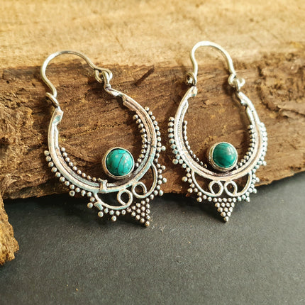 Mini Boho Hoops Turquoise Silver Earrings / Triangle / Mandala / Ethnic / Rustic / Yoga / Hippie / Gypsy / Psy / Bohemian / Festival