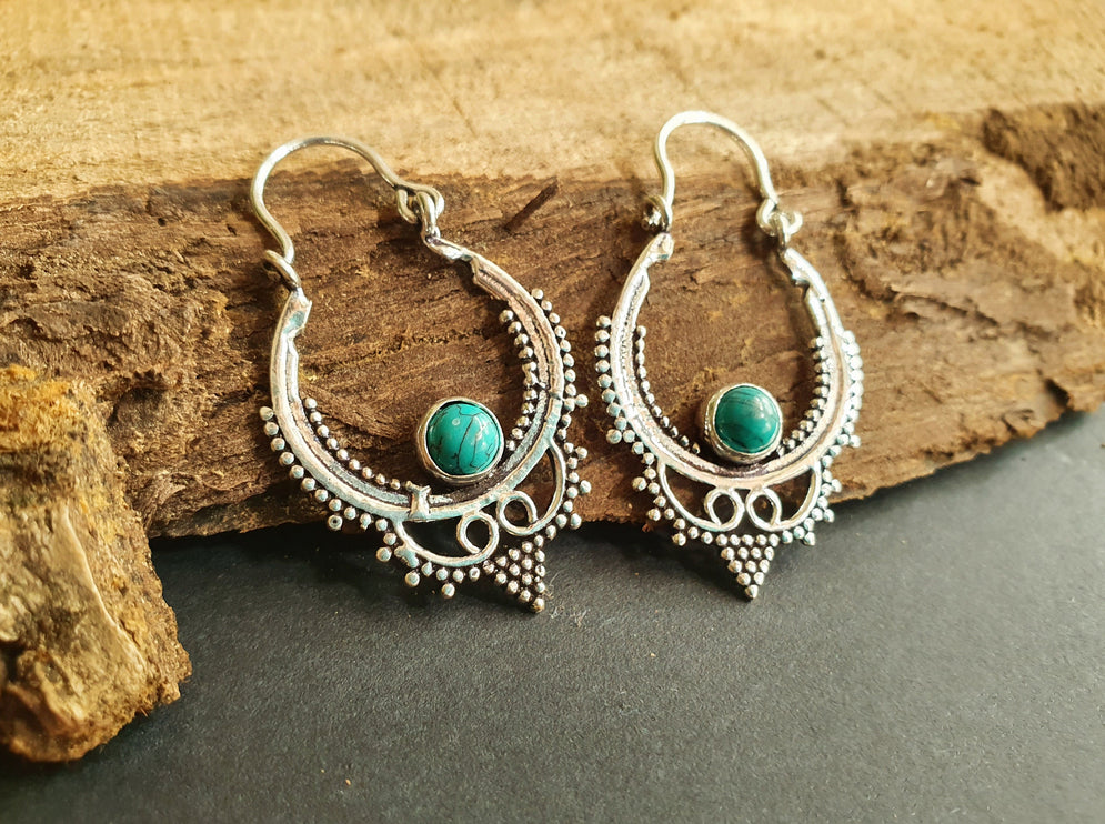 Mini Boho Hoops Turquoise Silver Earrings / Triangle / Mandala / Ethnic / Rustic / Yoga / Hippie / Gypsy / Psy / Bohemian / Festival