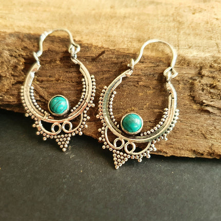 Mini Boho Hoops Turquoise Silver Earrings / Triangle / Mandala / Ethnic / Rustic / Yoga / Hippie / Gypsy / Psy / Bohemian / Festival