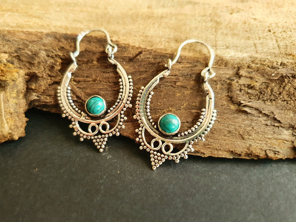 Mini Boho Hoops Turquoise Silver Earrings / Triangle / Mandala / Ethnic / Rustic / Yoga / Hippie / Gypsy / Psy / Bohemian / Festival