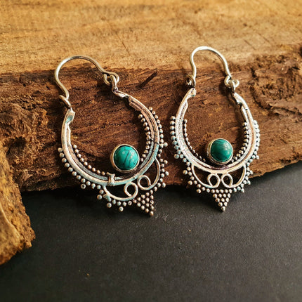 Mini Boho Hoops Turquoise Silver Earrings / Triangle / Mandala / Ethnic / Rustic / Yoga / Hippie / Gypsy / Psy / Bohemian / Festival