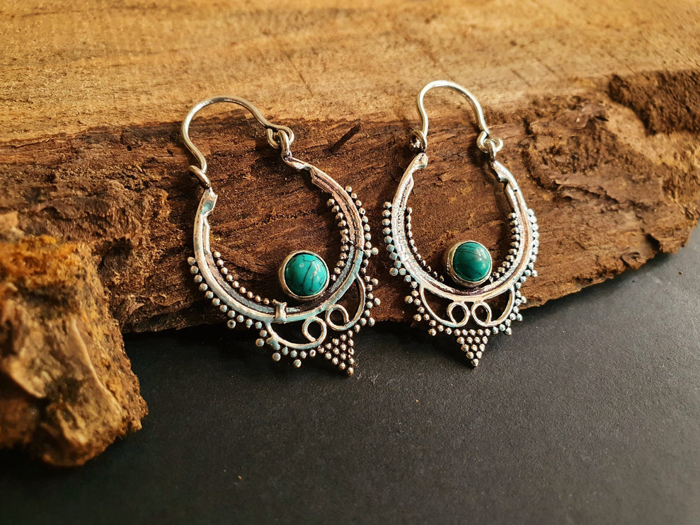 Mini Boho Hoops Turquoise Silver Earrings / Triangle / Mandala / Ethnic / Rustic / Yoga / Hippie / Gypsy / Psy / Bohemian / Festival