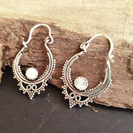 Mini Boho Hoops Moonstone Silver Earrings / Triangle / Mandala / Ethnic / Rustic / Yoga / Hippie / Gypsy / Psy / Bohemian / Festival