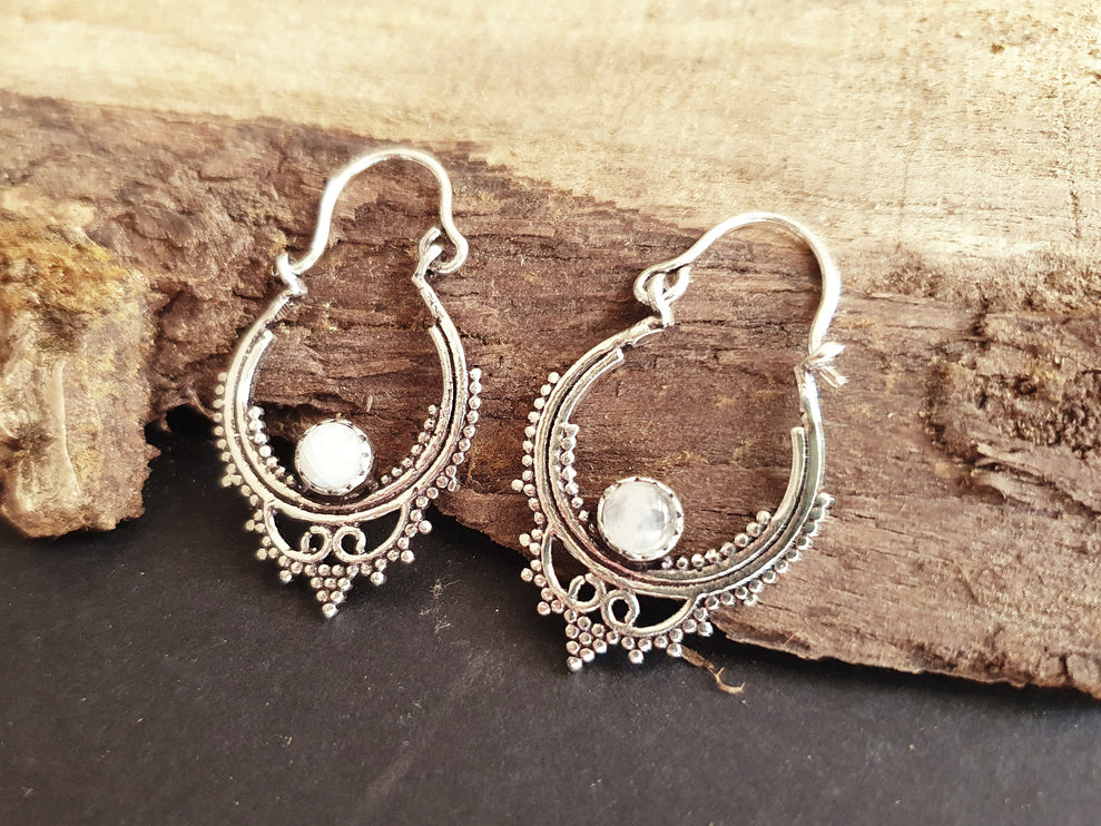 Mini Boho Hoops Moonstone Silver Earrings / Triangle / Mandala / Ethnic / Rustic / Yoga / Hippie / Gypsy / Psy / Bohemian / Festival