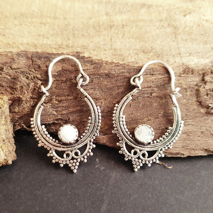 Mini Boho Hoops Moonstone Silver Earrings / Triangle / Mandala / Ethnic / Rustic / Yoga / Hippie / Gypsy / Psy / Bohemian / Festival