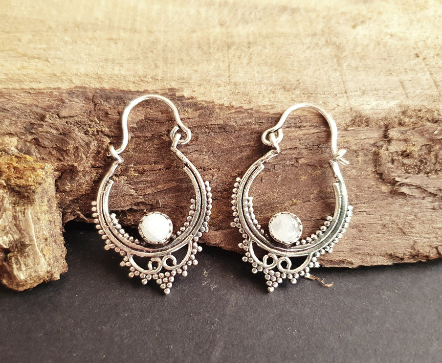 Mini Boho Hoops Moonstone Silver Earrings / Triangle / Mandala / Ethnic / Rustic / Yoga / Hippie / Gypsy / Psy / Bohemian / Festival