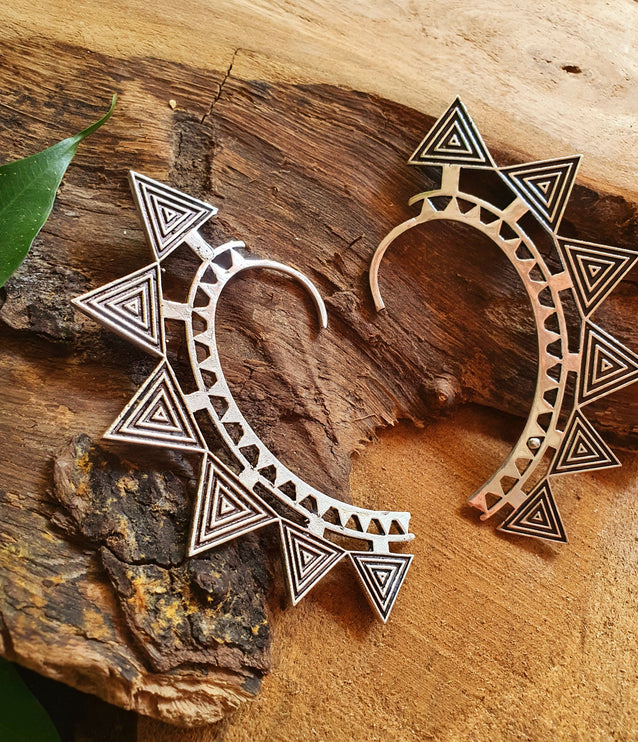 Ear Cuff Silver Aztec Triangles design / Tribal / Boho / Unisex / Mens Jewellery / Costume / Fancy Dress / Cosplay / Festival Jewellery /