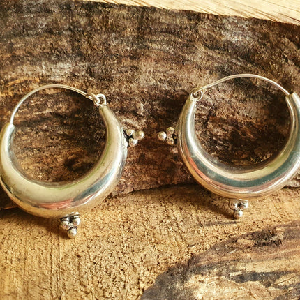 Chunky Ethnic Silver Hoops; Ethnic Boho Chic Rustic Psy Gypsy Spiral Hippie Bohemian Festival style