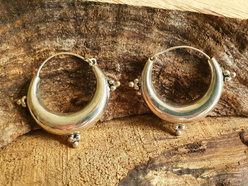 Chunky Ethnic Silver Hoops; Ethnic Boho Chic Rustic Psy Gypsy Spiral Hippie Bohemian Festival style