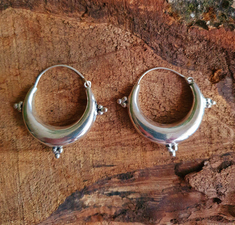 Chunky Ethnic Silver Hoops; Ethnic Boho Chic Rustic Psy Gypsy Spiral Hippie Bohemian Festival style