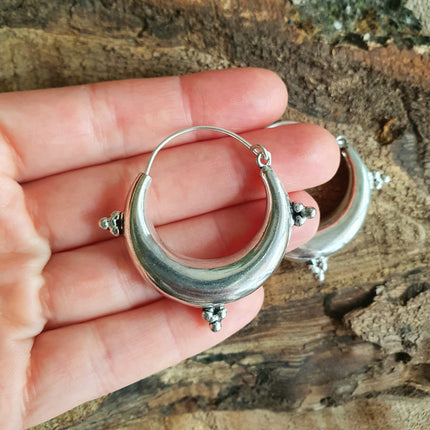 Chunky Ethnic Silver Hoops; Ethnic Boho Chic Rustic Psy Gypsy Spiral Hippie Bohemian Festival style