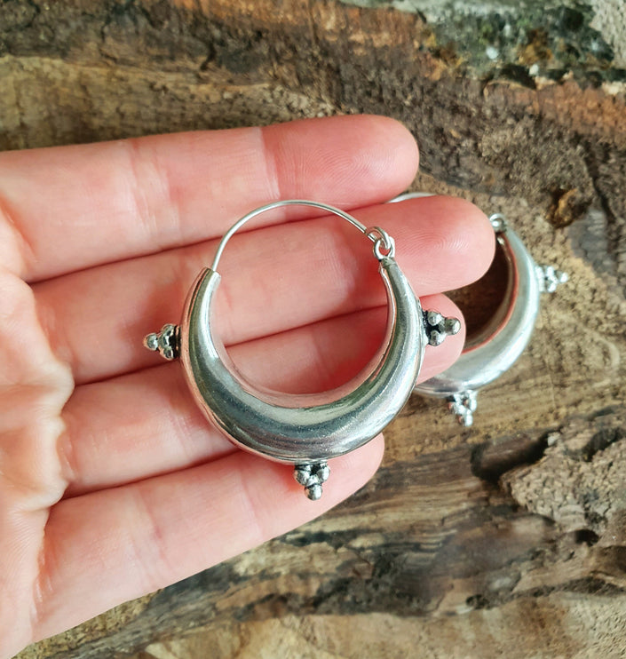 Chunky Ethnic Silver Hoops; Ethnic Boho Chic Rustic Psy Gypsy Spiral Hippie Bohemian Festival style