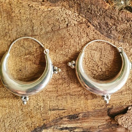 Chunky Ethnic Silver Hoops; Ethnic Boho Chic Rustic Psy Gypsy Spiral Hippie Bohemian Festival style