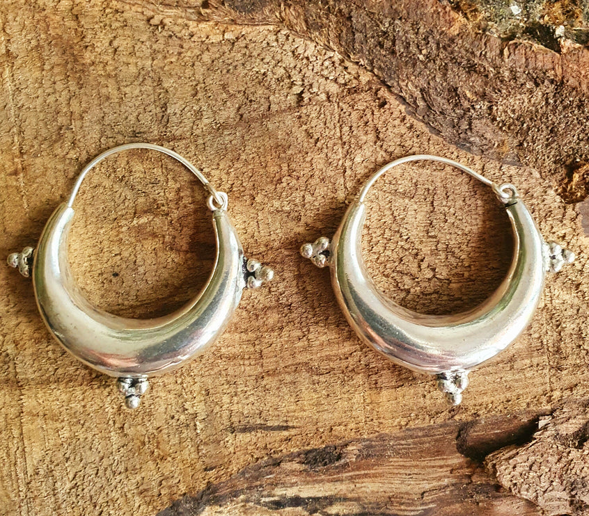 Chunky Ethnic Silver Hoops; Ethnic Boho Chic Rustic Psy Gypsy Spiral Hippie Bohemian Festival style