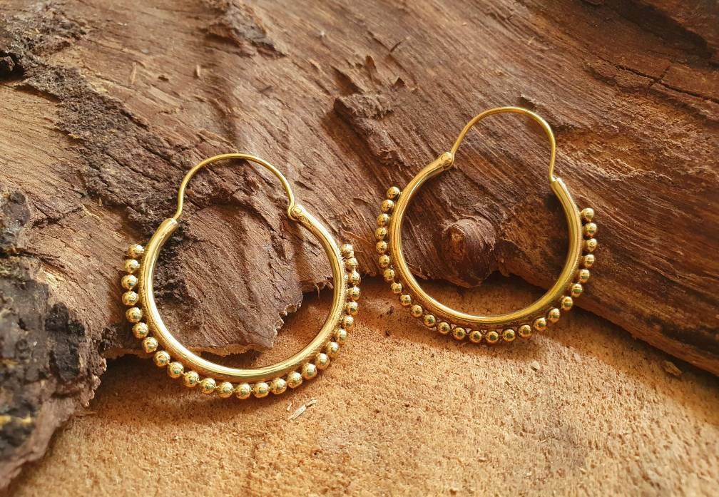 Tribal Brass Hoop Earrings; Ethnic, Geometric, Rustic, Yoga, Hippie, Gypsy, Pretty, Psy, Boho, Bohemian, Festival