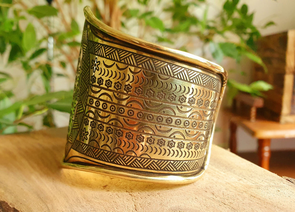 Aztec Brass Cuff Bracelet / Tribal / Inca / Mens / Unisex / Boho / Ethnic / Rustic / Bohemian / Hippie / Gypsy / Jewellery / Adjustable