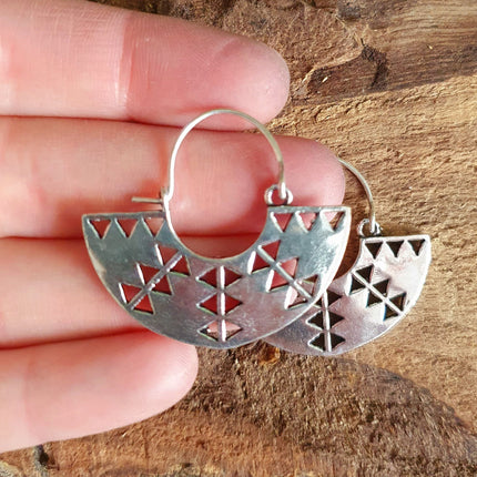 Aztec Inca Style Silver Earrings; Ethnic, Geometric, rustic, yoga, hippie, gypsy, pretty, psy, boho, bohemian, festival