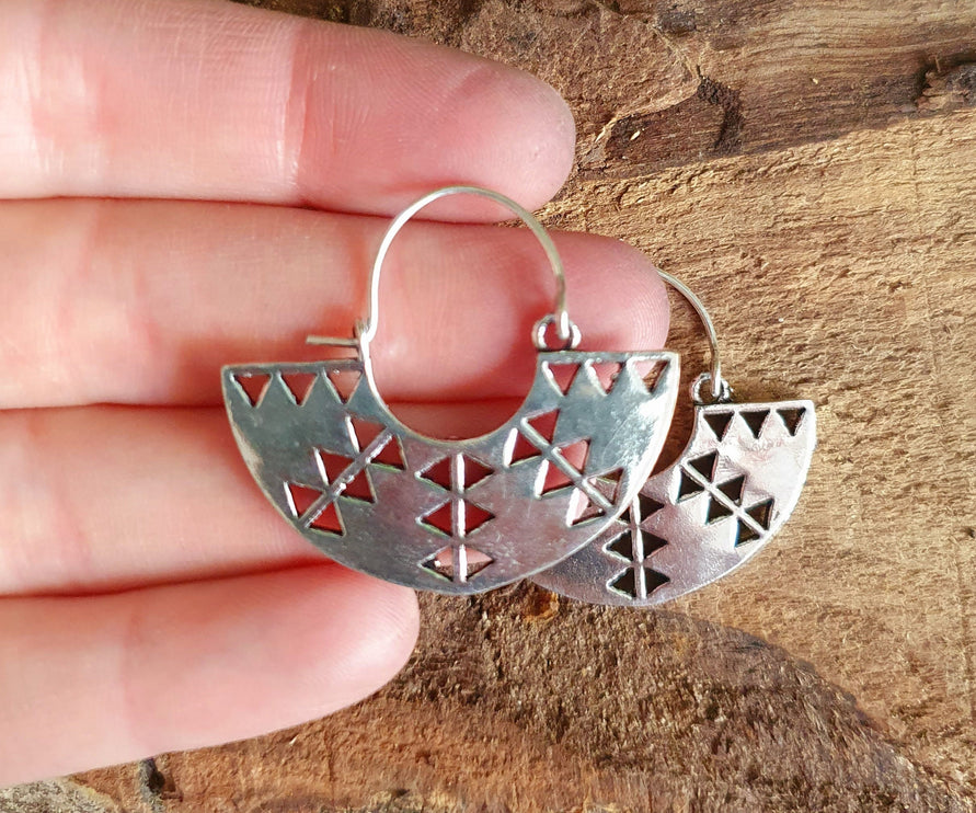 Aztec Inca Style Silver Earrings; Ethnic, Geometric, rustic, yoga, hippie, gypsy, pretty, psy, boho, bohemian, festival