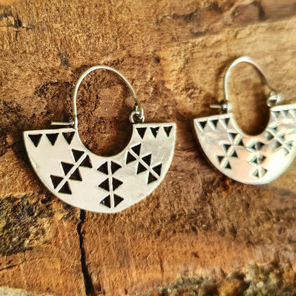 Aztec Inca Style Silver Earrings; Ethnic, Geometric, rustic, yoga, hippie, gypsy, pretty, psy, boho, bohemian, festival