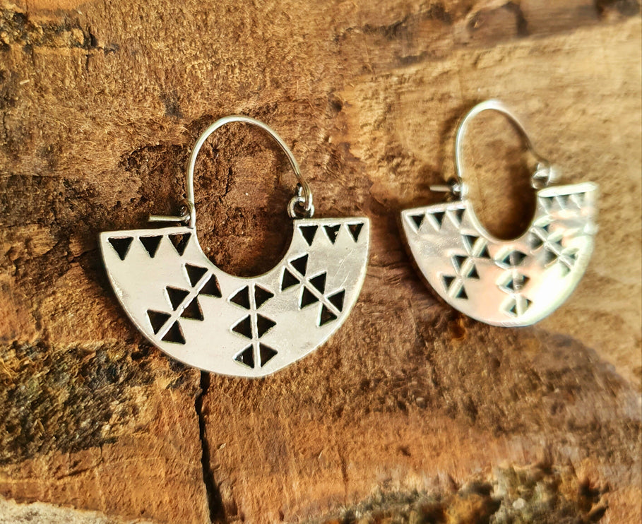 Aztec Inca Style Silver Earrings; Ethnic, Geometric, rustic, yoga, hippie, gypsy, pretty, psy, boho, bohemian, festival