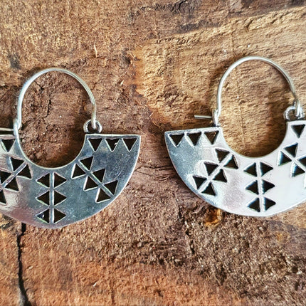 Aztec Inca Style Silver Earrings; Ethnic, Geometric, rustic, yoga, hippie, gypsy, pretty, psy, boho, bohemian, festival