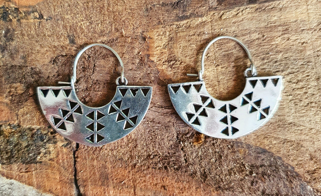 Aztec Inca Style Silver Earrings; Ethnic, Geometric, rustic, yoga, hippie, gypsy, pretty, psy, boho, bohemian, festival