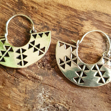 Aztec Inca Style Silver Earrings; Ethnic, Geometric, rustic, yoga, hippie, gypsy, pretty, psy, boho, bohemian, festival