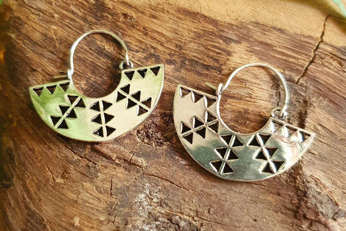 Aztec Inca Style Silver Earrings; Ethnic, Geometric, rustic, yoga, hippie, gypsy, pretty, psy, boho, bohemian, festival