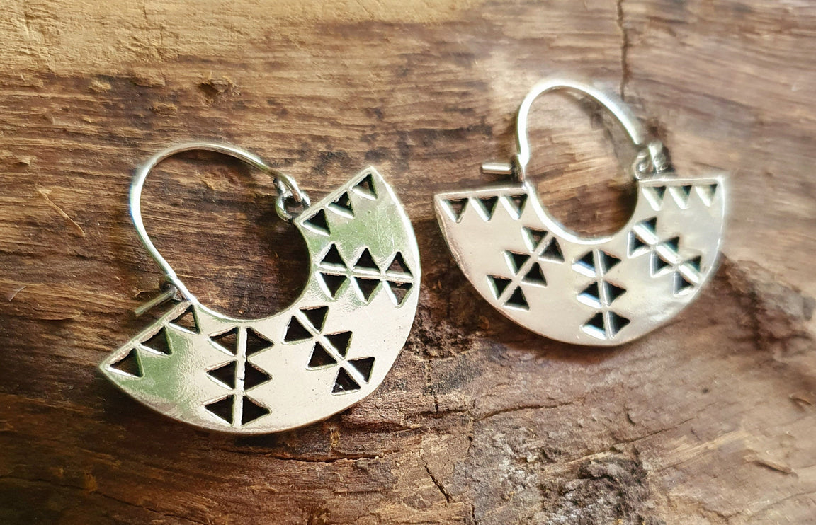 Aztec Inca Style Silver Earrings; Ethnic, Geometric, rustic, yoga, hippie, gypsy, pretty, psy, boho, bohemian, festival