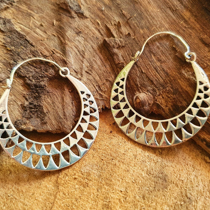 Aztec Hoops Inca Style Silver Earrings; Ethnic, Geometric, rustic, yoga, hippie, gypsy, pretty, psy, boho, bohemian, festival