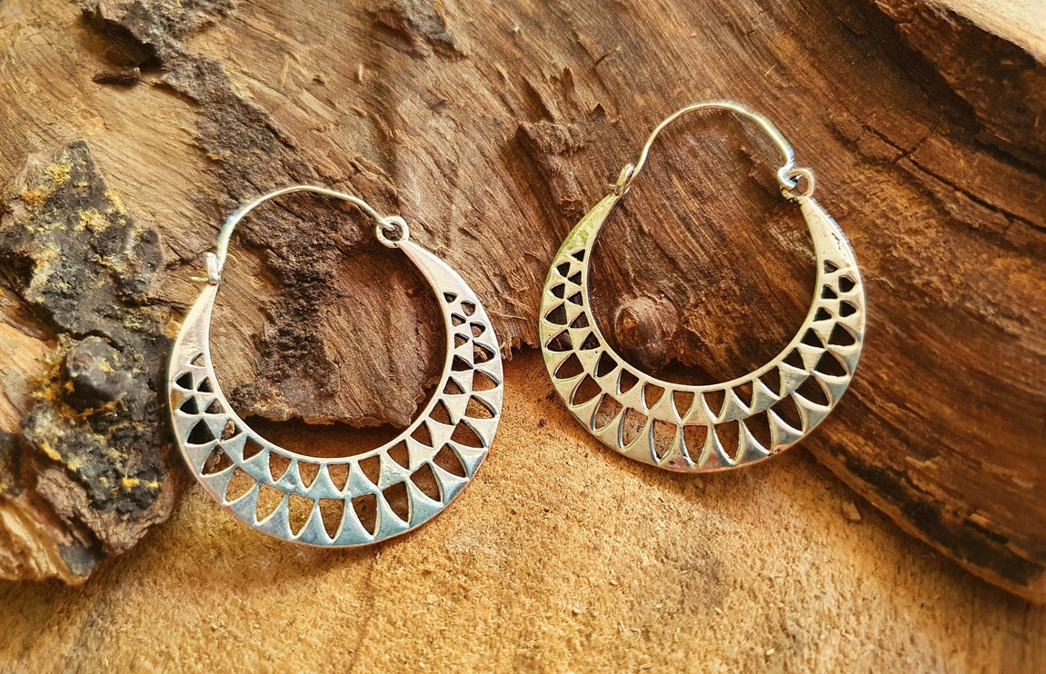 Aztec Hoops Inca Style Silver Earrings; Ethnic, Geometric, rustic, yoga, hippie, gypsy, pretty, psy, boho, bohemian, festival