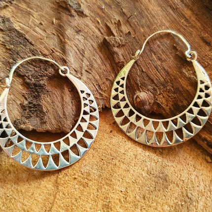 Aztec Hoops Inca Style Silver Earrings; Ethnic, Geometric, rustic, yoga, hippie, gypsy, pretty, psy, boho, bohemian, festival