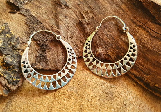 Aztec Hoops Inca Style Silver Earrings; Ethnic, Geometric, rustic, yoga, hippie, gypsy, pretty, psy, boho, bohemian, festival