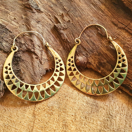 Aztec Hoops Inca Style Brass Earrings; Ethnic, Geometric, rustic, yoga, hippie, gypsy, pretty, psy, boho, bohemian, festival