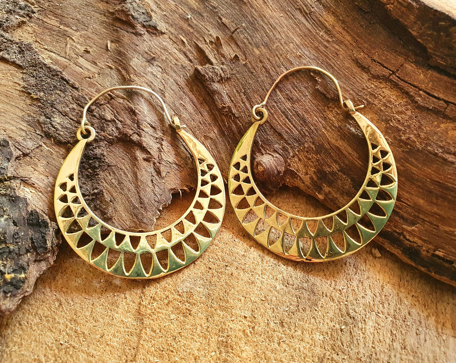 Aztec Hoops Inca Style Brass Earrings; Ethnic, Geometric, rustic, yoga, hippie, gypsy, pretty, psy, boho, bohemian, festival