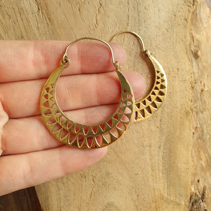 Aztec Hoops Inca Style Brass Earrings; Ethnic, Geometric, rustic, yoga, hippie, gypsy, pretty, psy, boho, bohemian, festival