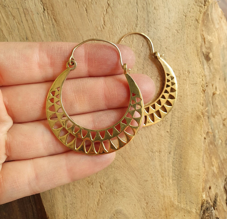 Aztec Hoops Inca Style Brass Earrings; Ethnic, Geometric, rustic, yoga, hippie, gypsy, pretty, psy, boho, bohemian, festival