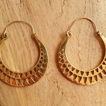 Aztec Hoops Inca Style Brass Earrings; Ethnic, Geometric, rustic, yoga, hippie, gypsy, pretty, psy, boho, bohemian, festival