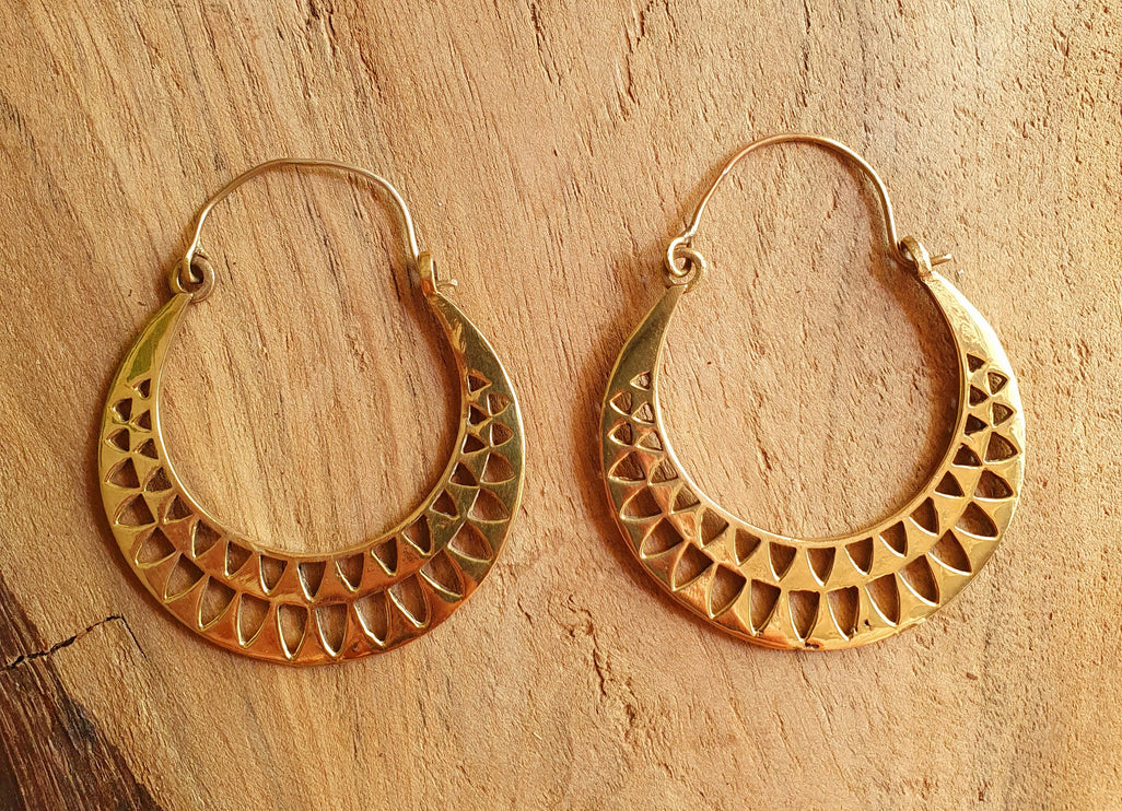 Aztec Hoops Inca Style Brass Earrings; Ethnic, Geometric, rustic, yoga, hippie, gypsy, pretty, psy, boho, bohemian, festival