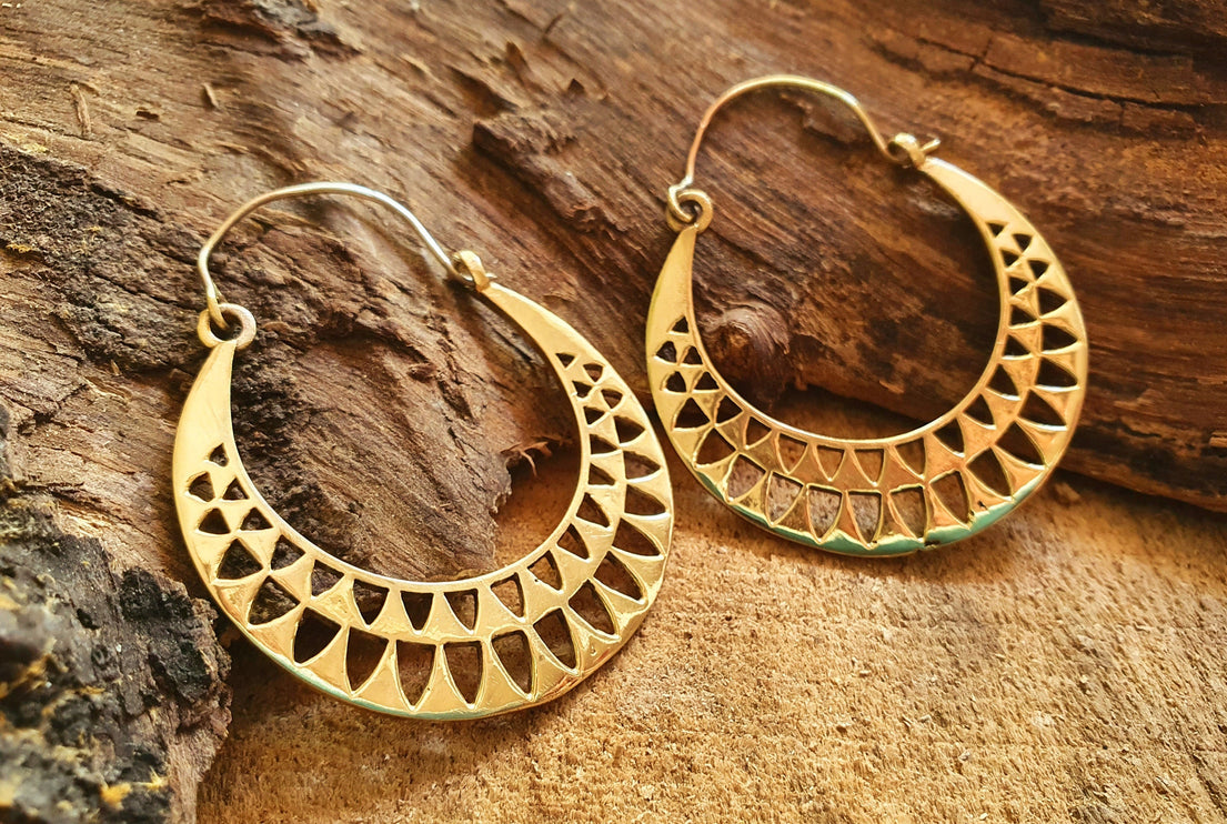 Aztec Hoops Inca Style Brass Earrings; Ethnic, Geometric, rustic, yoga, hippie, gypsy, pretty, psy, boho, bohemian, festival