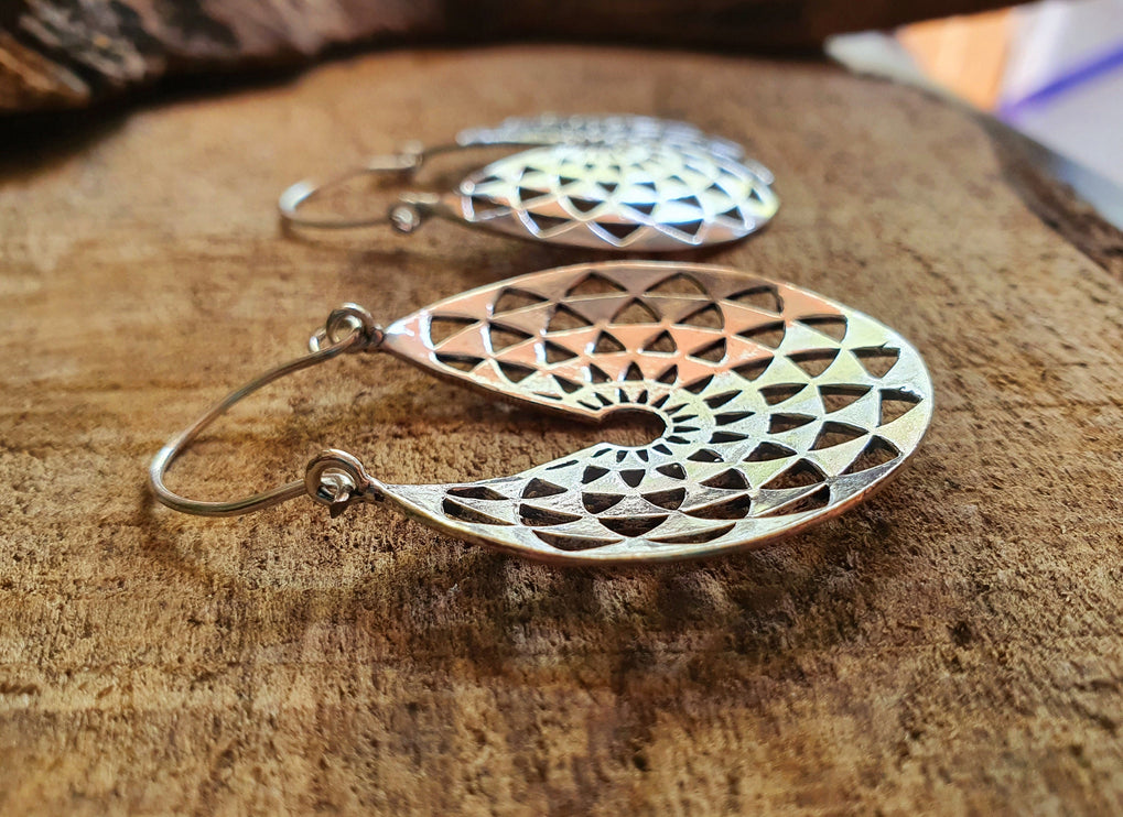 Aztec Hoops Inca Style Silver Earrings; Ethnic, Geometric, rustic, yoga, hippie, gypsy, pretty, psy, boho, bohemian, festival