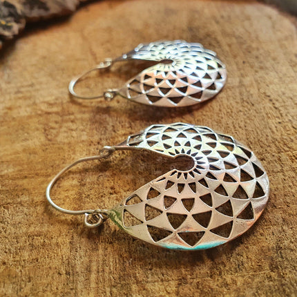 Aztec Hoops Inca Style Silver Earrings; Ethnic, Geometric, rustic, yoga, hippie, gypsy, pretty, psy, boho, bohemian, festival