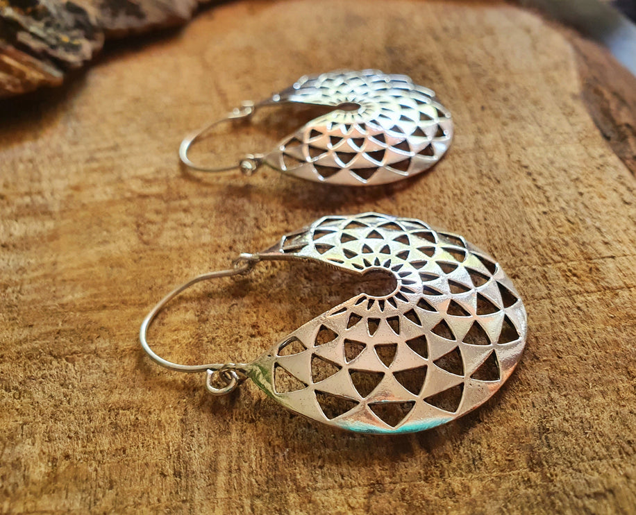 Aztec Hoops Inca Style Silver Earrings; Ethnic, Geometric, rustic, yoga, hippie, gypsy, pretty, psy, boho, bohemian, festival