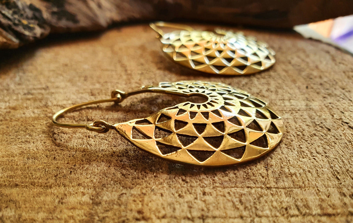 Aztec Hoops Inca Style Brass Earrings; Ethnic, Geometric, rustic, yoga, hippie, gypsy, pretty, psy, boho, bohemian, festival