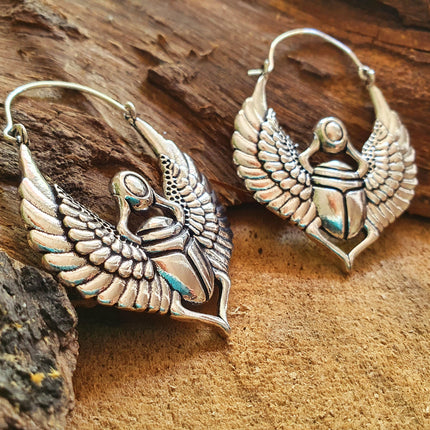 Scarab Silver Beetle Earrings Ancient Egypt ; Ethnic, Geometric, rustic, yoga, hippie, gypsy, pretty, psy, boho, bohemian, festival