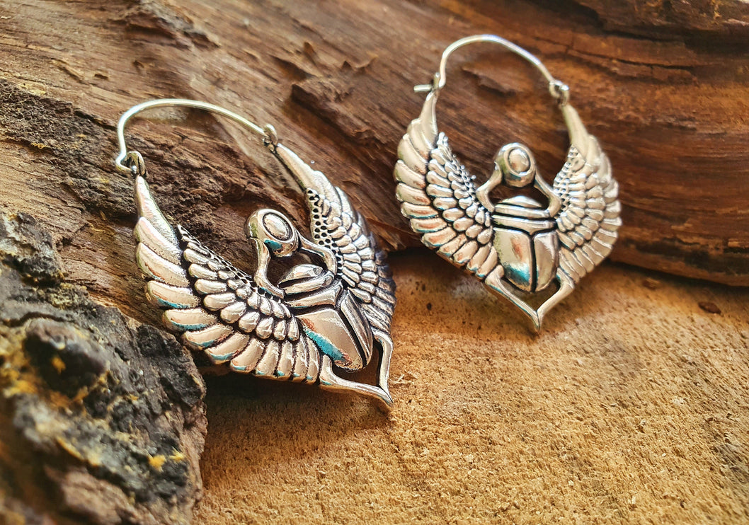 Scarab Silver Beetle Earrings Ancient Egypt ; Ethnic, Geometric, rustic, yoga, hippie, gypsy, pretty, psy, boho, bohemian, festival