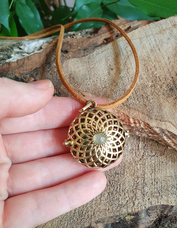 Gold Bola Necklace Brass & Labradorite / Pregnancy / Harmony Ball / Chimes / Vegan / Ethnic / Boho / Hippie / Rustic / Hypoallergenic