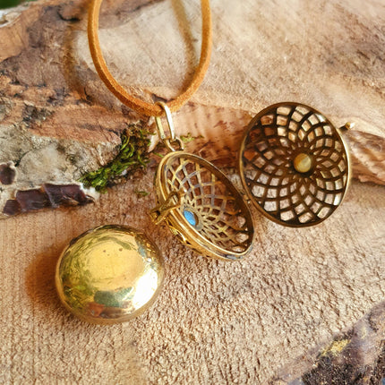 Gold Bola Necklace Brass Black Onyx / Pregnancy / Harmony Ball / Chimes / Vegan / Ethnic / Boho / Hippie / Rustic / Hypoallergenic